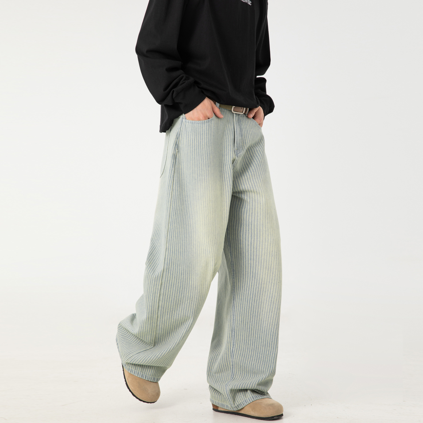 美式复古水洗条纹休闲直筒牛仔裤