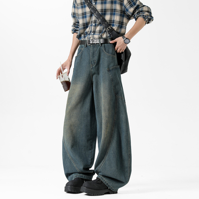 美式潮牌解构拼接弯刀牛仔裤男