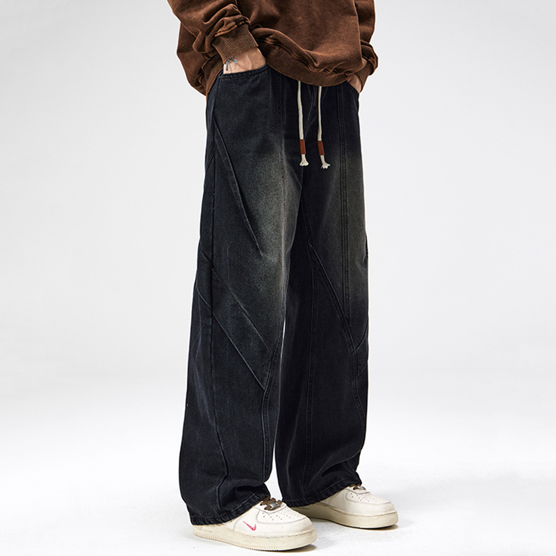 潮牌美式复古做旧水洗直筒牛仔裤