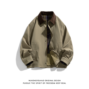 悟空有货潮牌格子撞色翻领工装 复古宽松百搭休闲夹克 外套男女春季