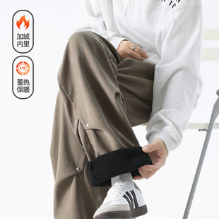 男复古宽松保暖阔腿长裤 悟空有货美式 潮牌褶皱加绒加厚直筒休闲裤
