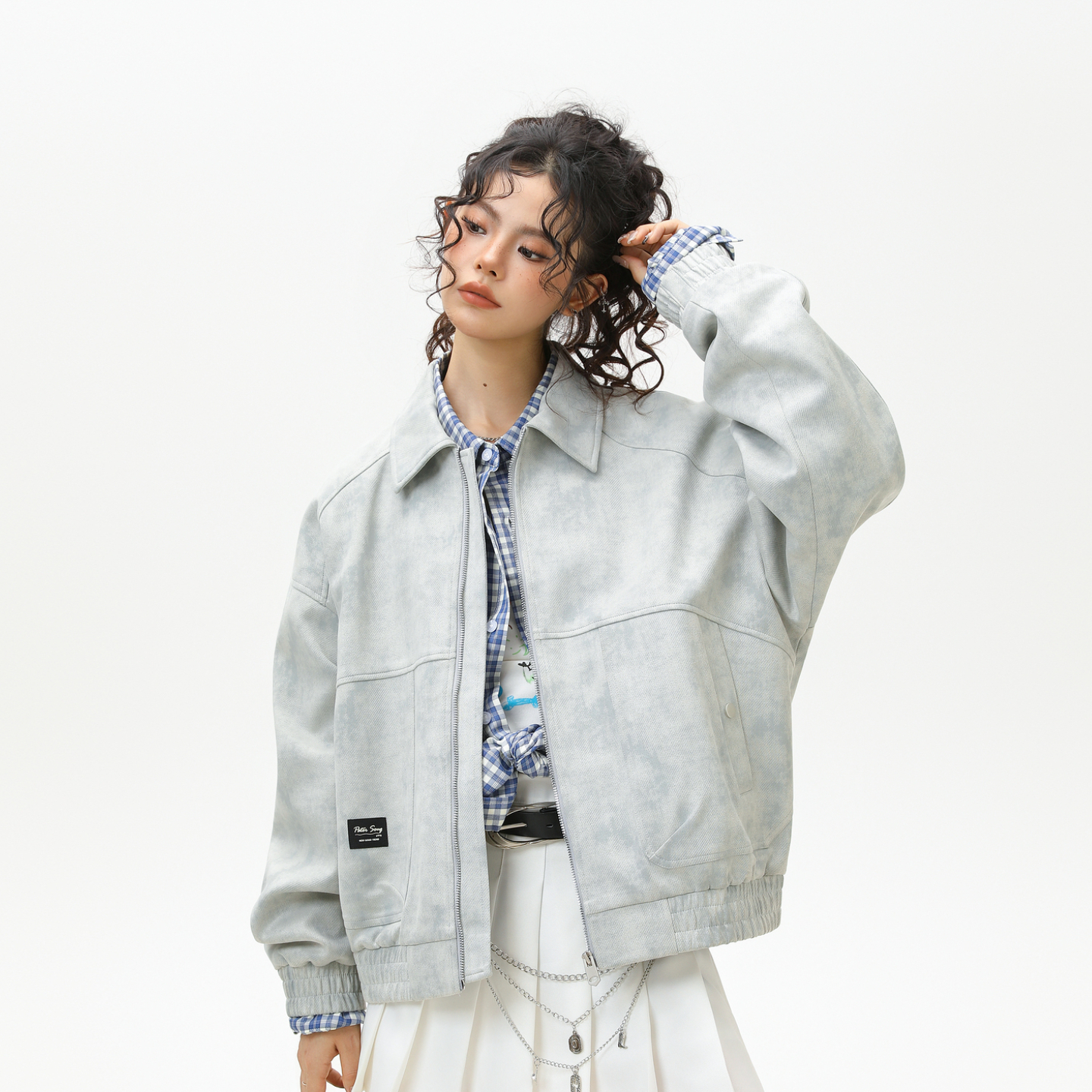 美式潮牌扎染渐变拼接翻领夹克男