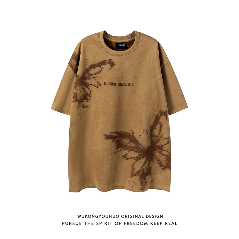 美式复古麂皮绒蝴蝶印花短袖T恤