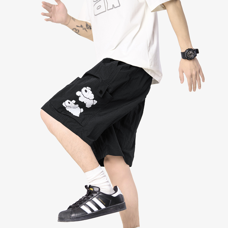 潮牌可爱小狗印花速干工装短裤男