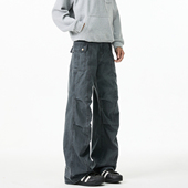 悟空有货美式 男潮牌褶皱小众微喇高街休闲长裤 复古做旧灰色工装 裤