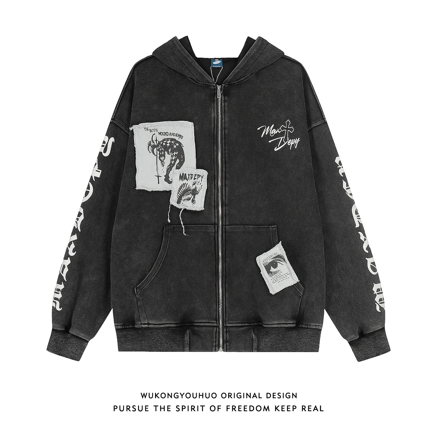 悟空有货欧美嘻哈贴布水洗开衫卫衣男女潮牌宽松情侣休闲连帽外套