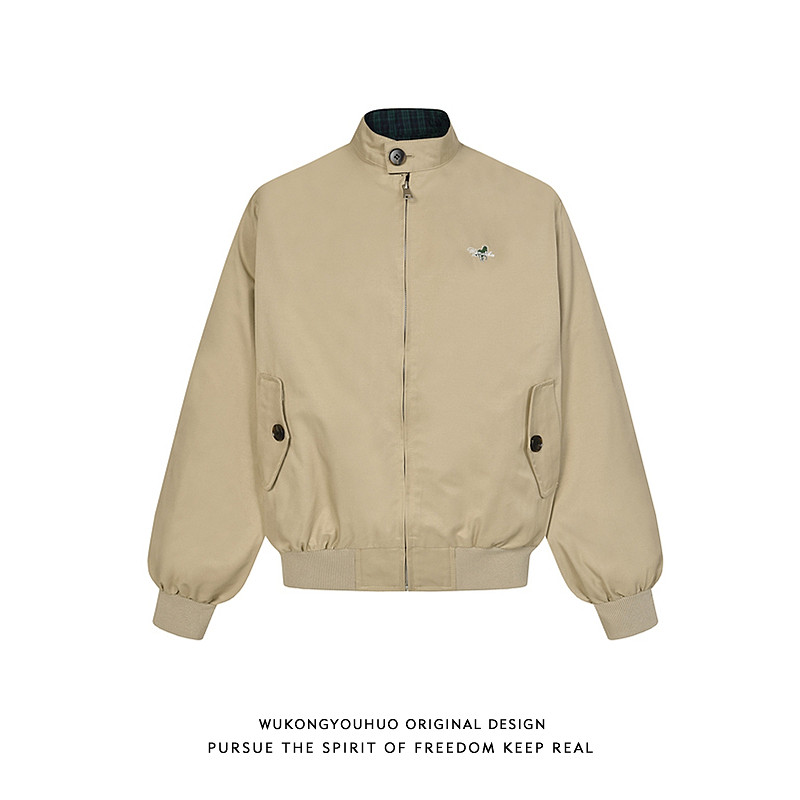 悟空有货美式复古简约刺绣立领夹克男女春季潮牌宽松情侣休闲外套