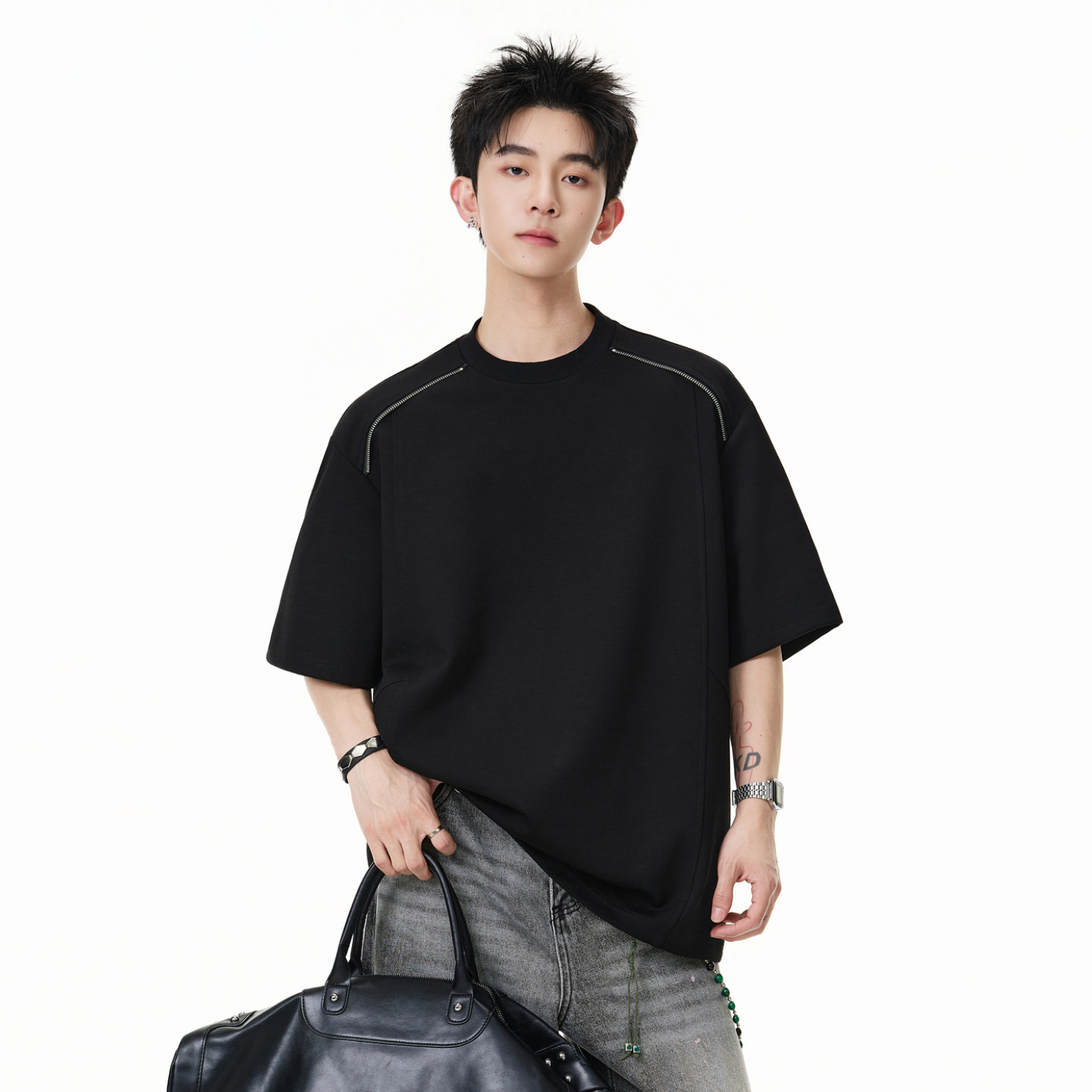 悟空有货美式夏季拉链解构圆领短袖T恤男女潮牌情侣宽松半袖体恤