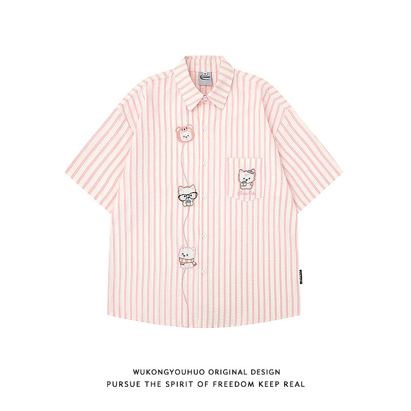 悟空有货夏季粉色条纹小猫刺绣短袖衬衫男女潮牌情侣宽松百搭衬衣