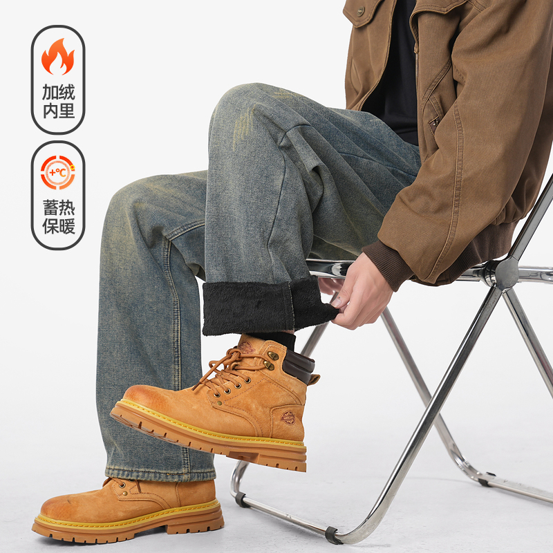 潮牌美式做旧水洗加绒直筒牛仔裤