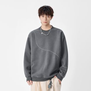 悟空有货潮牌秋季撞色车线圆领卫衣男女复古情侣宽松百搭休闲上衣