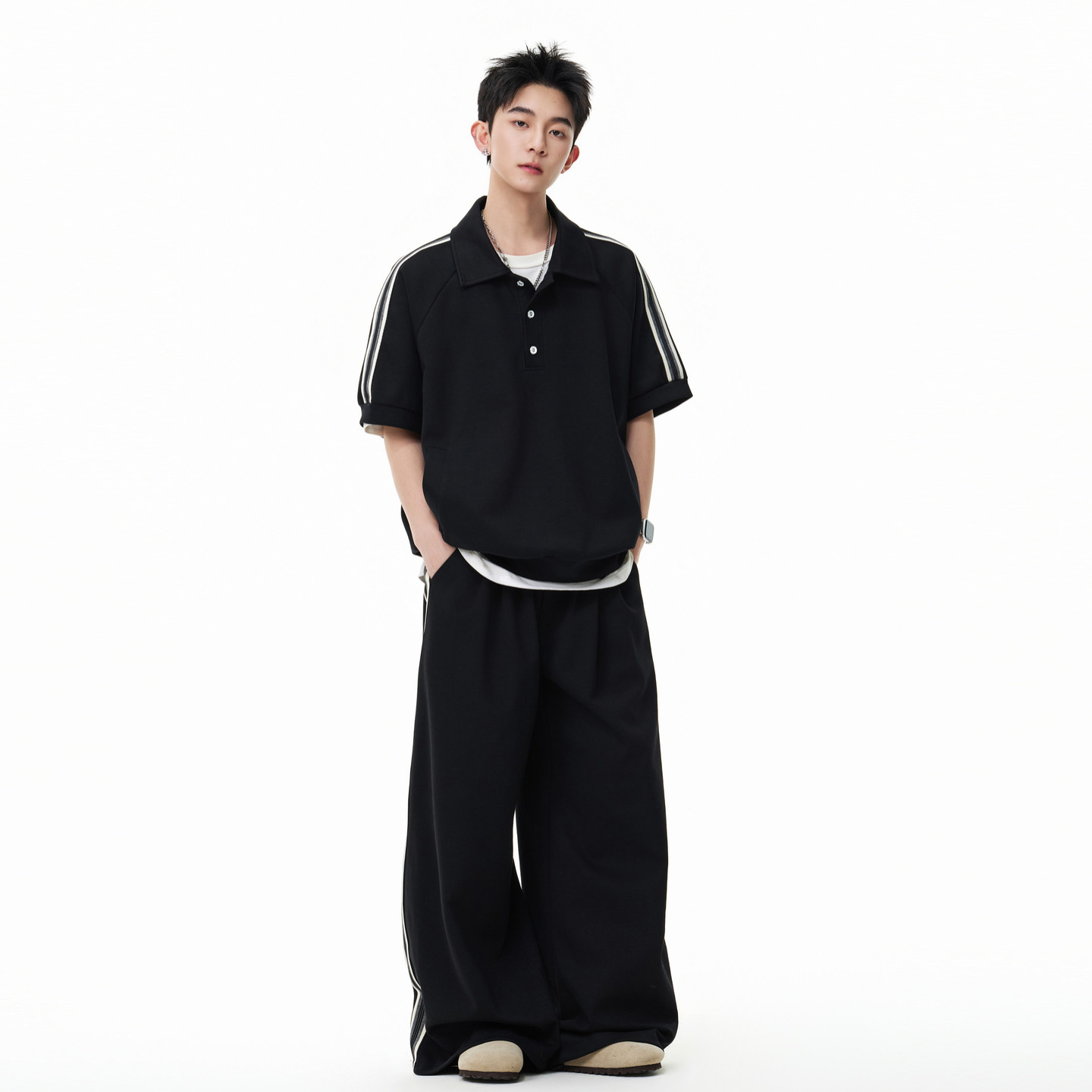 悟空有货复古侧面条纹短袖POLO衫长裤套装男女潮牌宽松运动两件套