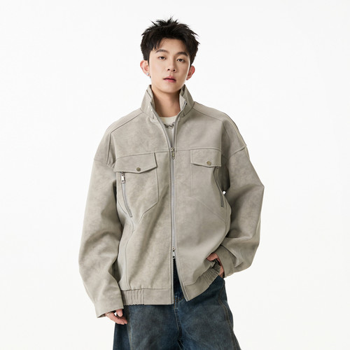 潮牌扎染高街痞帅立领机车服夹克