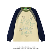 T恤男女秋季 悟空有货潮牌美式 撞色拼接插肩圆领长袖 情侣百搭上衣