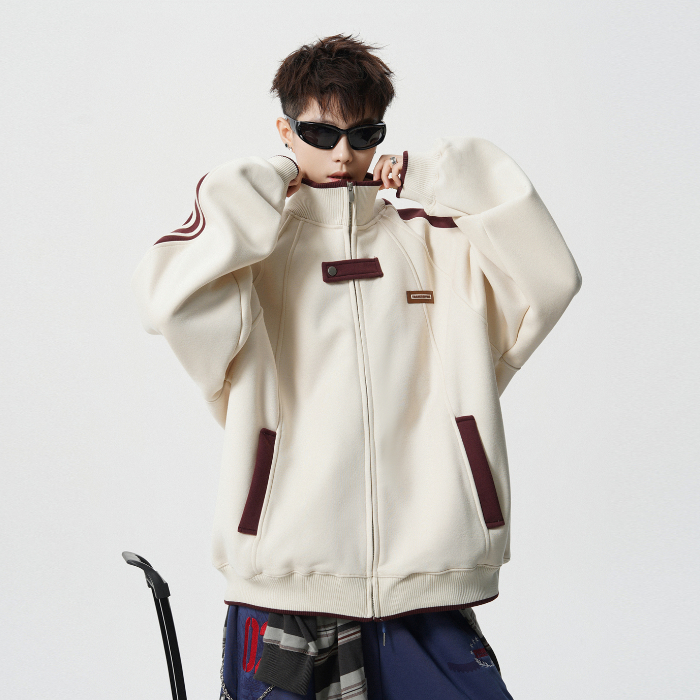 悟空有货潮牌美式拼接学院风立领夹克男复古宽松情侣百搭休闲外套