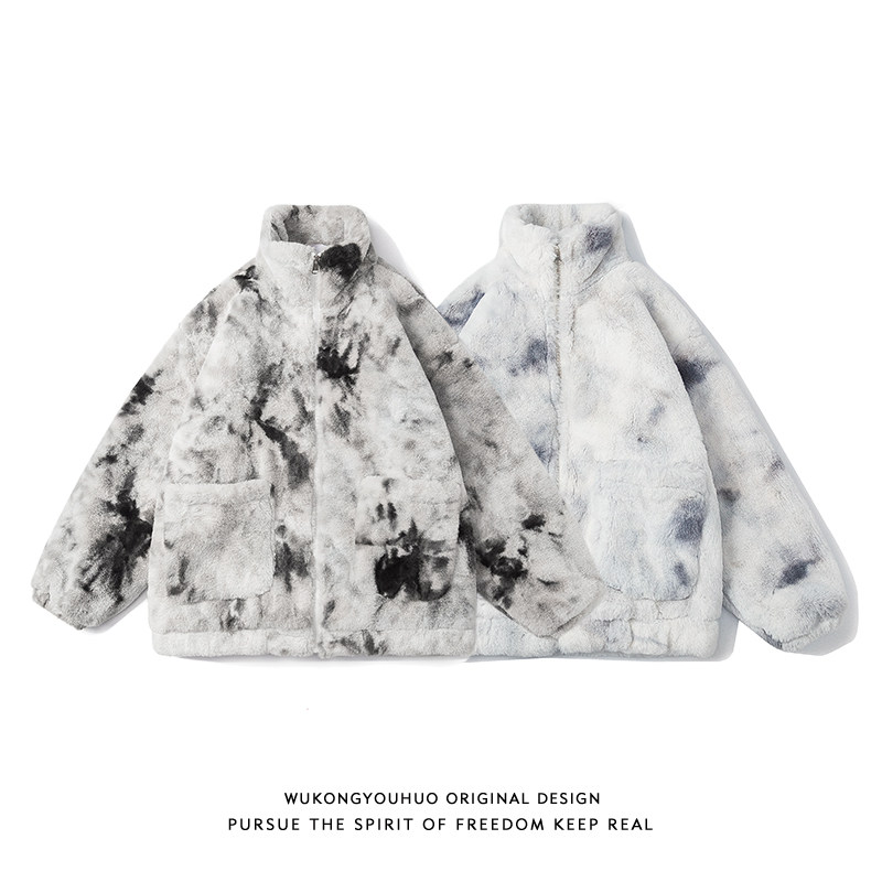 WUKONG HAS WINTER RETRO PLUSH TIE-DYE STAND-UP COLLAR WARM COTTON CLOTHES FOR MEN AND WOMEN