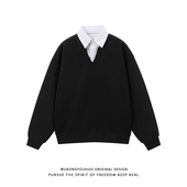 悟空有货复古条纹假两件拼接POLO领卫衣男女春季 潮牌情侣宽松上衣