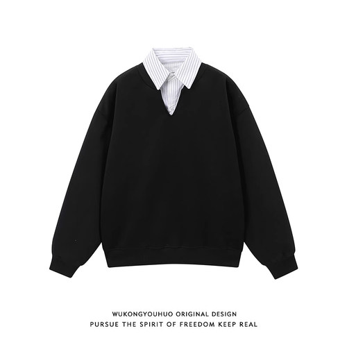 复古条纹假两件拼接POLO领卫衣