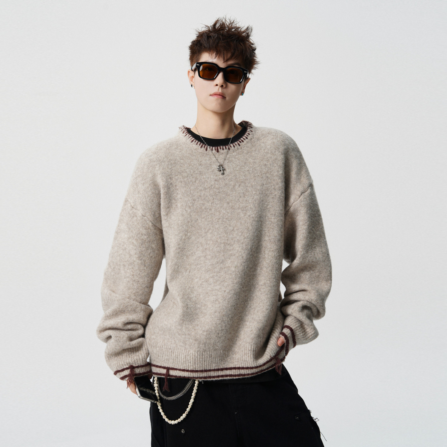 悟空有货复古潮牌手缝线圆领针织衫男女美式宽松情侣慵懒套头毛衣,男装,针织衫/毛衣,淘宝优惠券,粉丝福利购,淘宝优惠卷