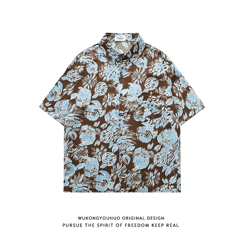 悟空有货夏季潮牌复古碎花满印港风短袖衬衫男女宽松情侣半袖衬衣