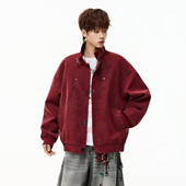 悟空有货美式 复古雾面扎染PU皮外套男潮牌宽松系带立领机车服夹克