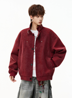 悟空有货美式复古雾面扎染PU皮外套男潮牌宽松系带立领机车服夹克