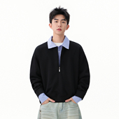 悟空有货高智感假两件条纹拼接POLO领卫衣男秋季 情侣百搭休闲上衣