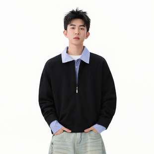 悟空有货高智感假两件条纹拼接POLO领卫衣男秋季情侣百搭休闲上衣