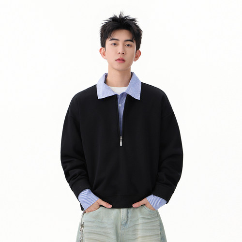 高智感假两件条纹拼接POLO领卫衣