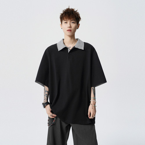 美式夏季格子拼接短袖POLO衫男