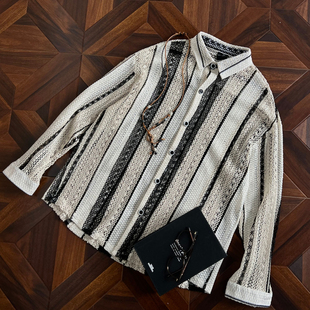 悟空有货波西米亚民族风镂空条纹长袖 男女复古撞色肌理感衬衣 衬衫