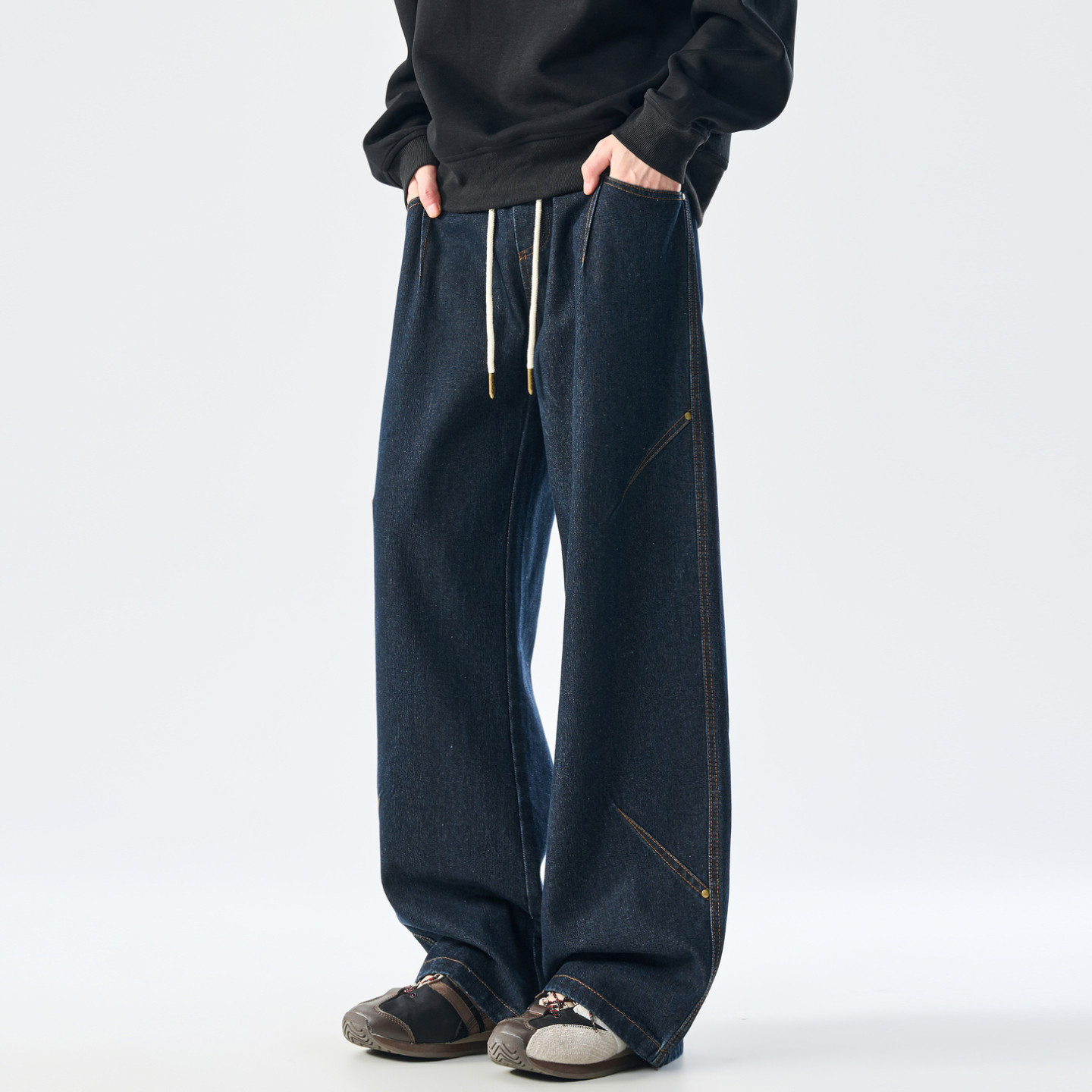 悟空有货美式复古铆钉解构阔腿牛仔裤男cleanfit松紧腰休闲直筒裤