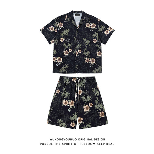 悟空有货夏椰树满印夏威夷短袖衬衫套装男潮牌宽松沙滩短裤两件套