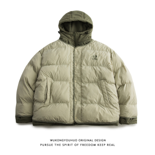 悟空有货日系复古假两件连帽棉衣男冬季 棉服 宽松情侣百搭保暖冬季