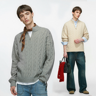 悟空有货老钱风半拉链麻花毛衣男女秋季慵懒风情侣休闲情侣针织衫