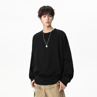 悟空有货秋季 潮牌纯色拼接圆领卫衣男女复古街头情侣宽松百搭上衣