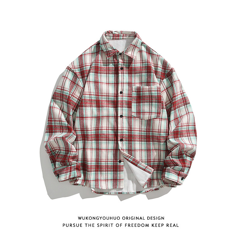 悟空有货潮牌美式撞色格子加绒长袖衬衫男女复古宽松情侣衬衣外套,男装,衬衫,淘宝优惠券,粉丝福利购,淘宝优惠卷