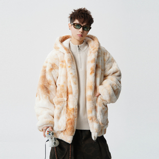 悟空有货潮牌冬季 扎染仿貂毛立领棉衣男复古情侣保暖百搭棉服外套