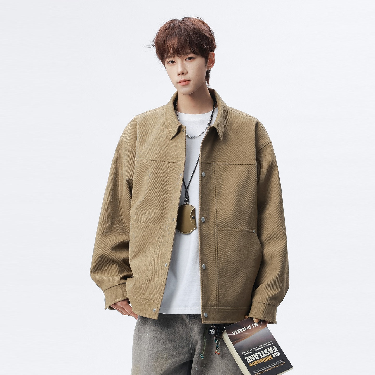 悟空有货春秋潮牌纯色工装翻领夹克男女复古宽松情侣百搭休闲外套