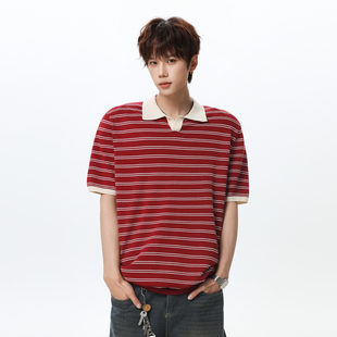 悟空有货夏季复古红色条纹针织短袖T恤男美式高级感短宽百搭上衣