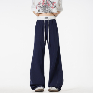 悟空有货复古潮牌撞色拼接抽绳松紧运动裤 男街头宽松百搭阔腿长裤