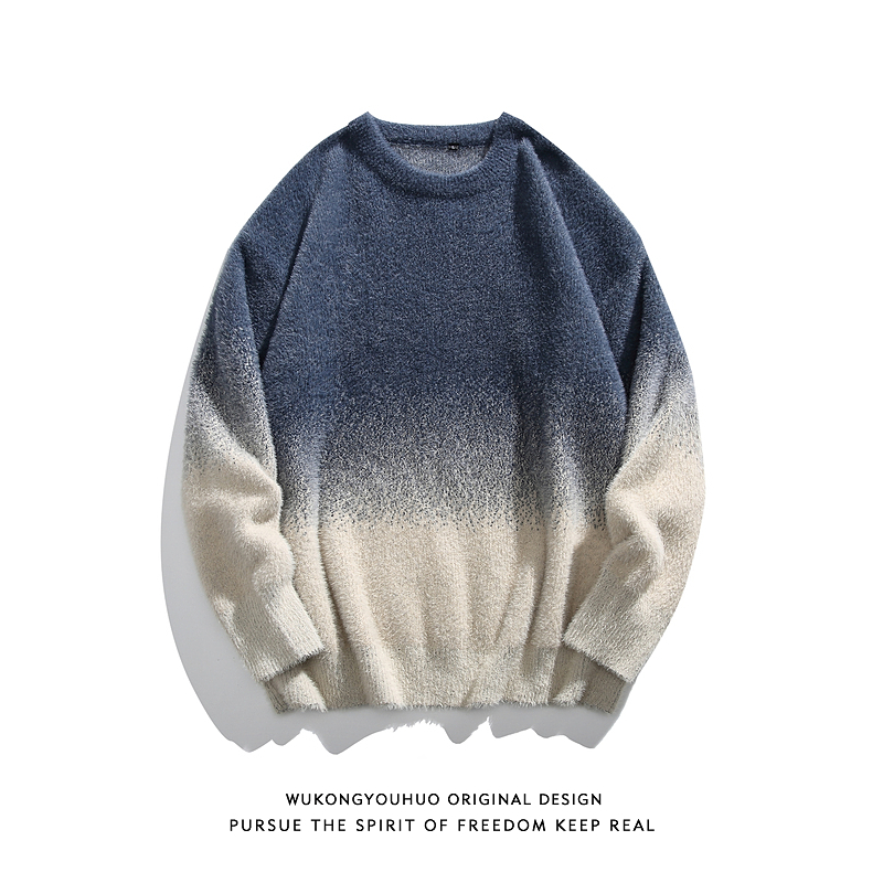 潮牌复古渐变水貂毛圆领针织衫男