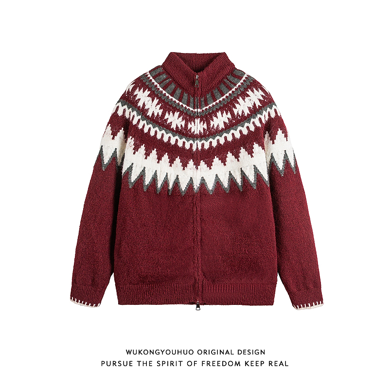 美式复古费尔岛开衫立领毛衣男女