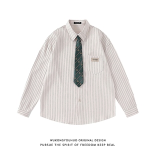 悟空有货复古学院风条纹长袖衬衫男女潮牌宽松情侣装休闲百搭衬衣