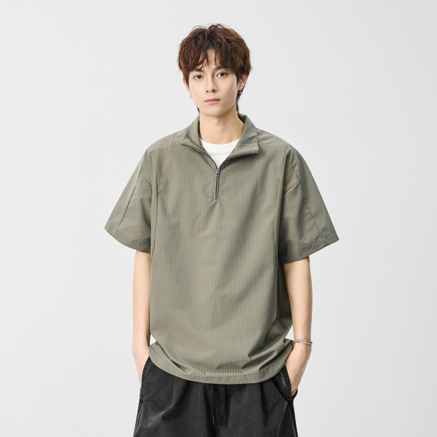 悟空有货夏季户外条纹拼接半拉链立领短袖T恤男潮牌宽松半袖体恤