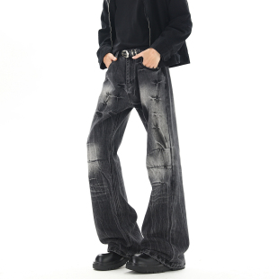 悟空有货美式潮牌闪电纹水洗微喇牛仔裤男女复古宽松潮流拖地长裤