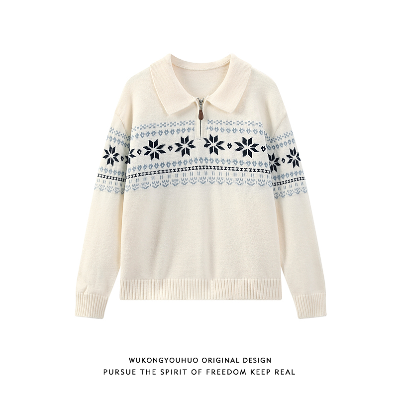 复古费尔岛半拉链POLO领毛衣男女