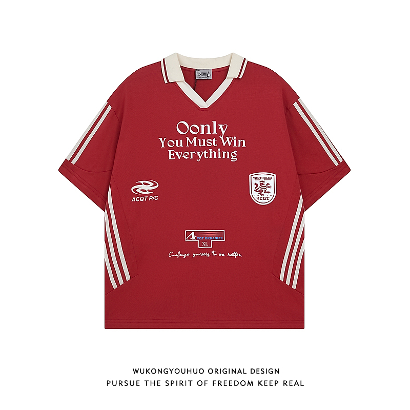 美式复古徽章条纹短袖POLO衫T恤