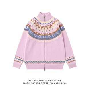 悟空有货费尔岛毛衣外套男女vintage复古民族风提花情侣针织开衫