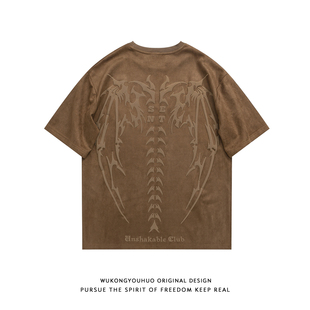 宽松百搭潮流体恤 T恤男夏季 悟空有货美式 复古骷髅印花麂皮绒短袖